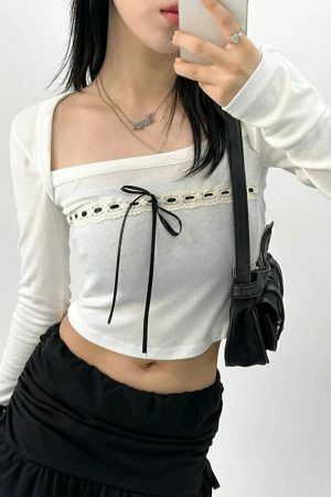 Y2K White Lace Bow Detail Long Sleeve Cropped Top Women's Streetwear