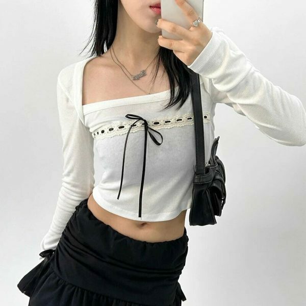 Y2K White Lace Bow Detail Long Sleeve Cropped Top Women's Streetwear