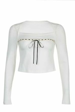 Y2K White Lace Bow Detail Long Sleeve Cropped Top Women's Streetwear