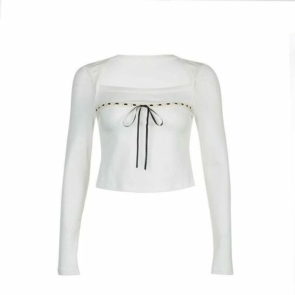 Y2K White Lace Bow Detail Long Sleeve Cropped Top Women's Streetwear