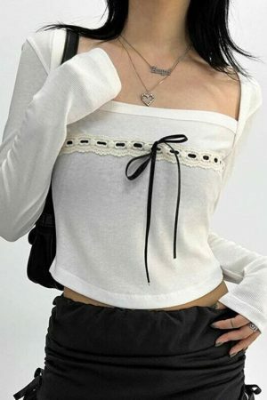 Y2K White Lace Bow Detail Long Sleeve Cropped Top Women's Streetwear