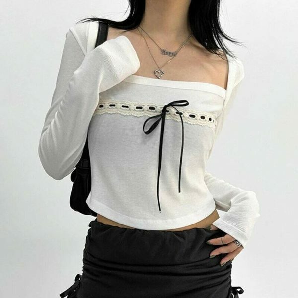 Y2K White Lace Bow Detail Long Sleeve Cropped Top Women's Streetwear