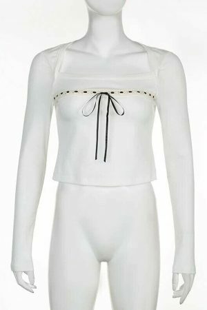 Y2K White Lace Bow Detail Long Sleeve Cropped Top Women's Streetwear