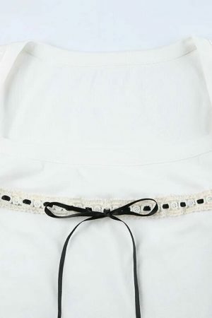 Y2K White Lace Bow Detail Long Sleeve Cropped Top Women's Streetwear