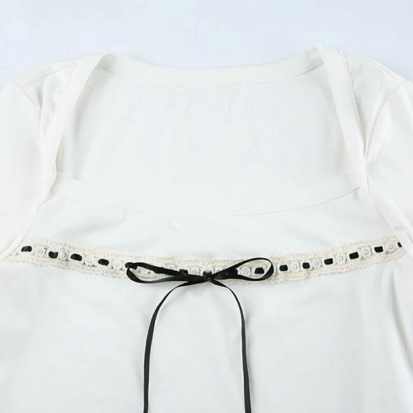 Y2K White Lace Bow Detail Long Sleeve Cropped Top Women's Streetwear