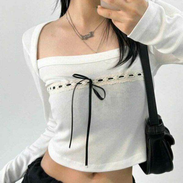 Y2K White Lace Bow Detail Long Sleeve Cropped Top Women's Streetwear