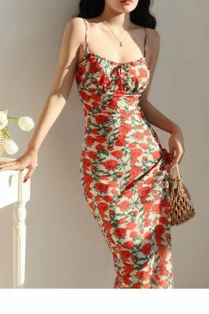 Y2K White Long Dress with Red Roses - Streetwear Fashion Aesthetic