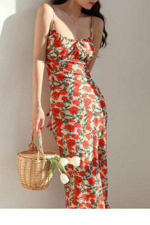 Y2K White Long Dress with Red Roses - Streetwear Fashion Aesthetic