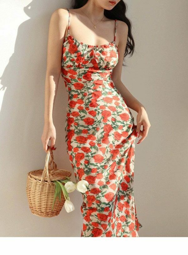 Y2K White Long Dress with Red Roses - Streetwear Fashion Aesthetic