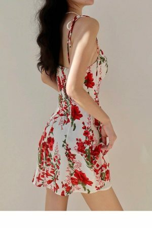 Y2K White Mini Dress with Red Flowers - Streetwear Fashion Aesthetic