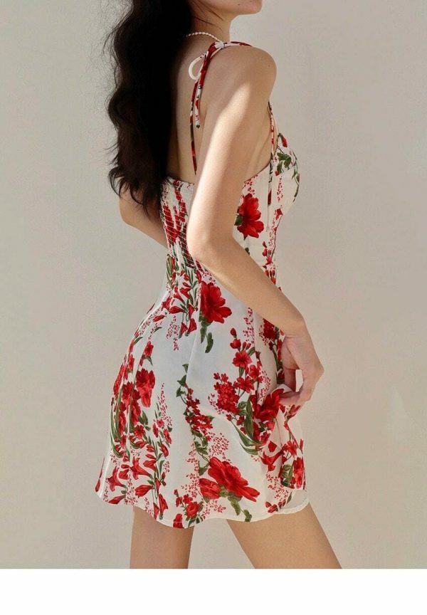 Y2K White Mini Dress with Red Flowers - Streetwear Fashion Aesthetic