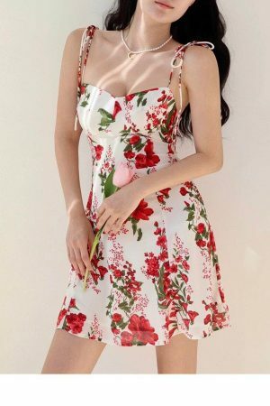 Y2K White Mini Dress with Red Flowers - Streetwear Fashion Aesthetic