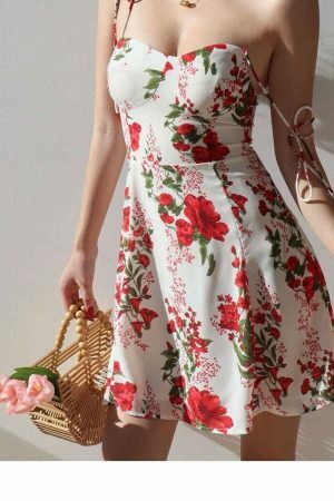 Y2K White Mini Dress with Red Flowers - Streetwear Fashion Aesthetic