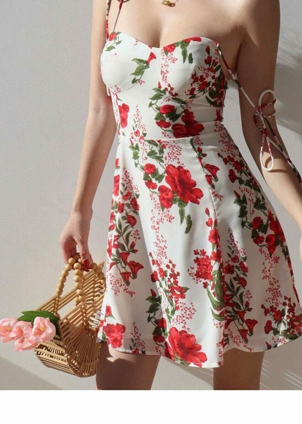 Y2K White Mini Dress with Red Flowers - Streetwear Fashion Aesthetic