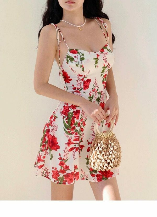 Y2K White Mini Dress with Red Flowers - Streetwear Fashion Aesthetic