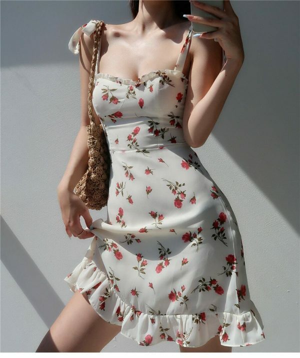 Y2K White Mini Dress with Red Roses - Streetwear Fashion Aesthetic