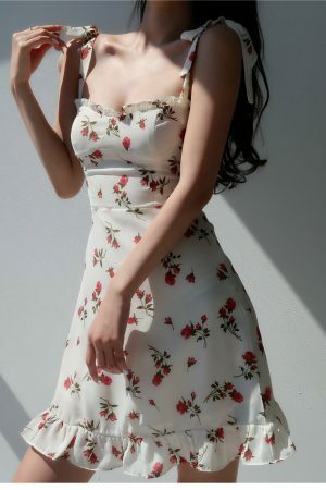 Y2K White Mini Dress with Red Roses - Streetwear Fashion Aesthetic