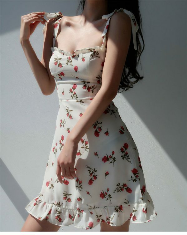 Y2K White Mini Dress with Red Roses - Streetwear Fashion Aesthetic