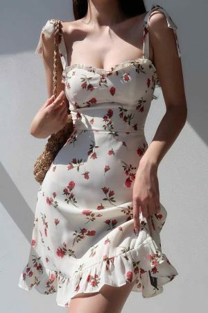 Y2K White Mini Dress with Red Roses - Streetwear Fashion Aesthetic