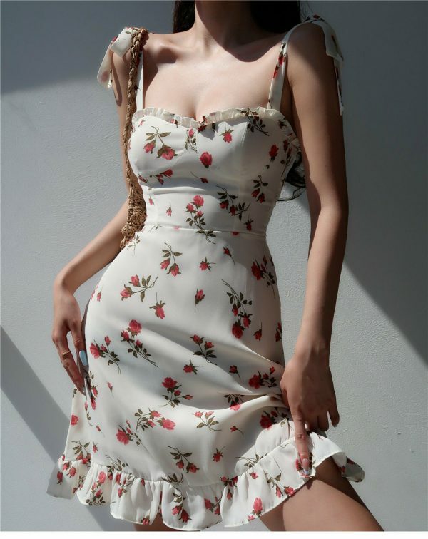 Y2K White Mini Dress with Red Roses - Streetwear Fashion Aesthetic