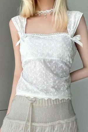 Y2K White Square Neck Lace Sleeveless Floral Crop Top with Bows