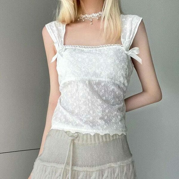 Y2K White Square Neck Lace Sleeveless Floral Crop Top with Bows