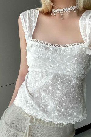 Y2K White Square Neck Lace Sleeveless Floral Crop Top with Bows