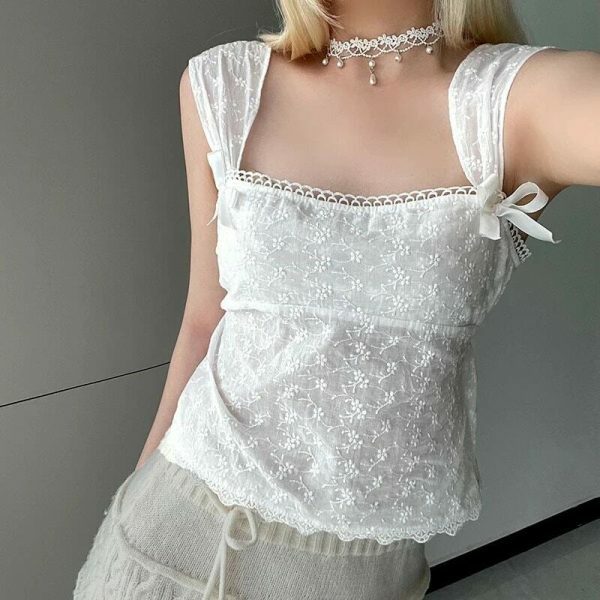 Y2K White Square Neck Lace Sleeveless Floral Crop Top with Bows