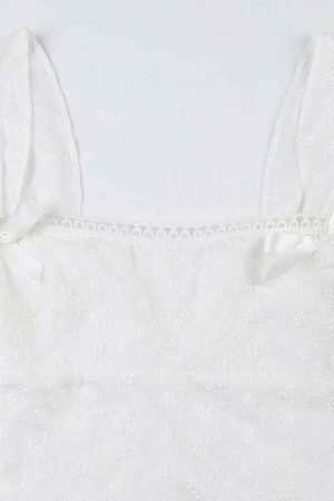 Y2K White Square Neck Lace Sleeveless Floral Crop Top with Bows