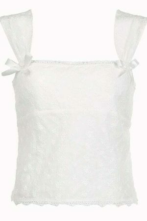 Y2K White Square Neck Lace Sleeveless Floral Crop Top with Bows