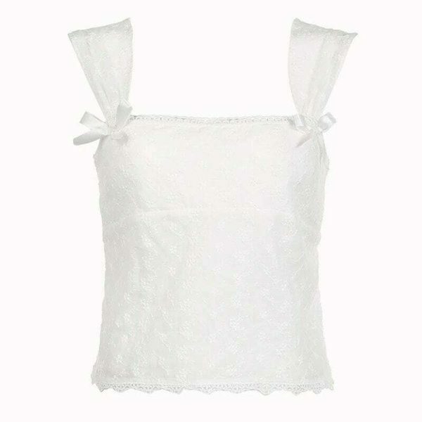 Y2K White Square Neck Lace Sleeveless Floral Crop Top with Bows