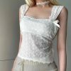 Y2K White Square Neck Lace Sleeveless Floral Crop Top with Bows