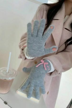 Y2K Winter Knitted Hand Gloves with Cute Bows and Touch Screen Holes