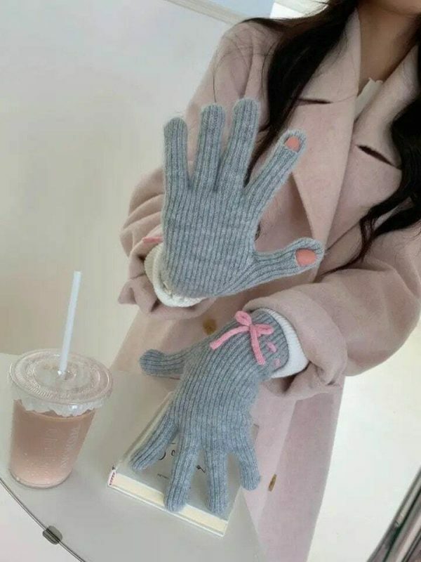 Y2K Winter Knitted Hand Gloves with Cute Bows and Touch Screen Holes