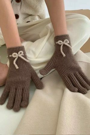 Y2K Winter Knitted Hand Gloves with Cute Bows and Touch Screen Holes