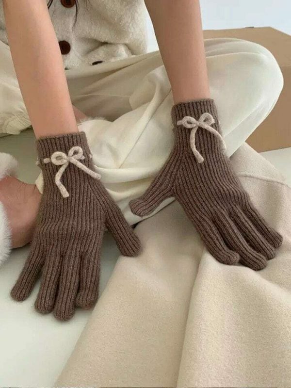 Y2K Winter Knitted Hand Gloves with Cute Bows and Touch Screen Holes