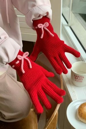 Y2K Winter Knitted Hand Gloves with Cute Bows and Touch Screen Holes