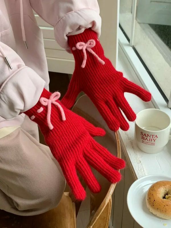 Y2K Winter Knitted Hand Gloves with Cute Bows and Touch Screen Holes