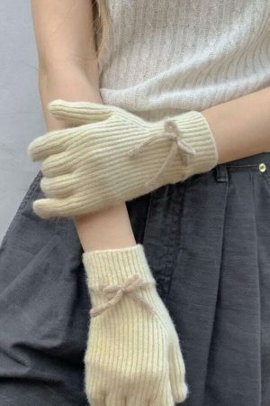 Y2K Winter Knitted Hand Gloves with Cute Bows and Touch Screen Holes