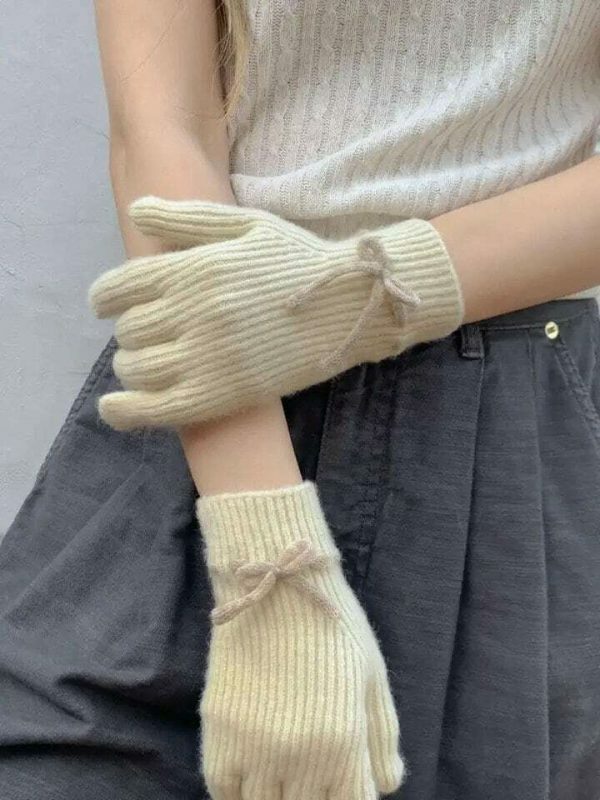 Y2K Winter Knitted Hand Gloves with Cute Bows and Touch Screen Holes