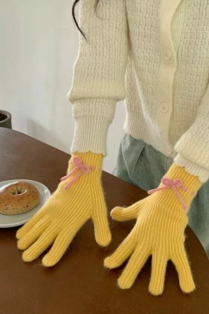 Y2K Winter Knitted Hand Gloves with Cute Bows and Touch Screen Holes