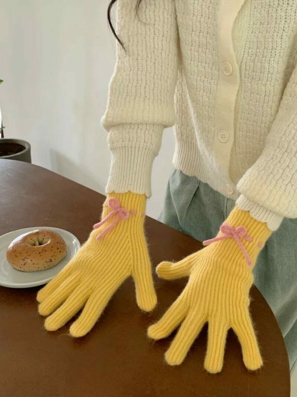 Y2K Winter Knitted Hand Gloves with Cute Bows and Touch Screen Holes