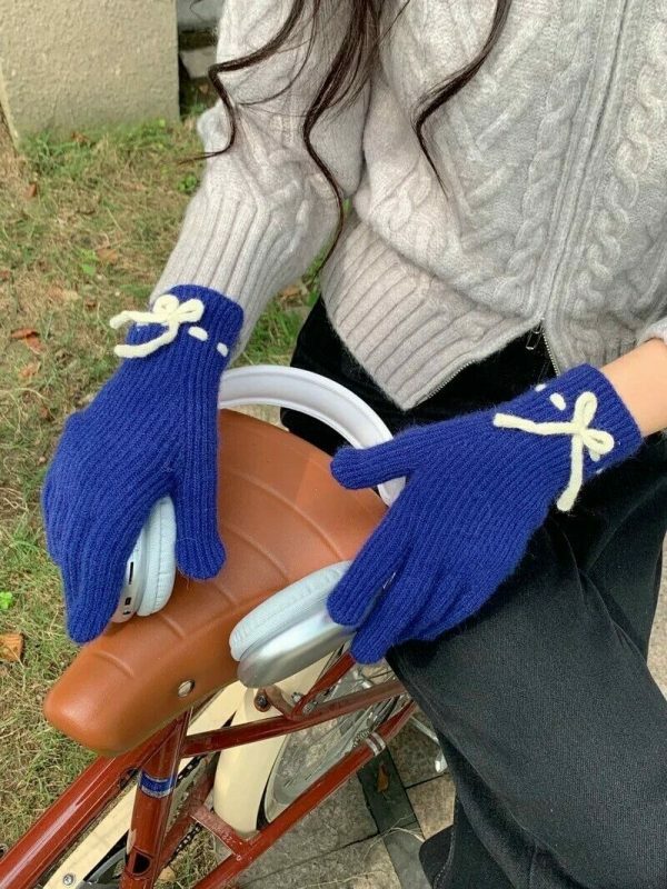 Y2K Winter Knitted Hand Gloves with Cute Bows and Touch Screen Holes