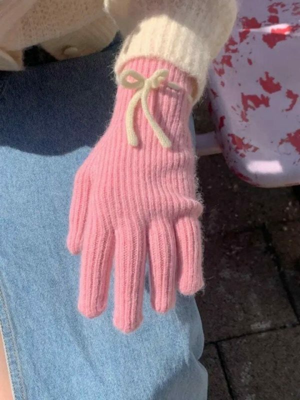 Y2K Winter Knitted Hand Gloves with Cute Bows and Touch Screen Holes