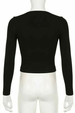 Y2K Women's Streetwear Long Sleeve Square Neck Crop Top with Contrast Stitches and Lace Bow