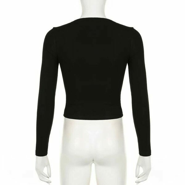 Y2K Women's Streetwear Long Sleeve Square Neck Crop Top with Contrast Stitches and Lace Bow