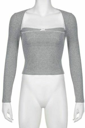 Y2K Women's Streetwear Long Sleeve Square Neck Crop Top with Contrast Stitches and Lace Bow