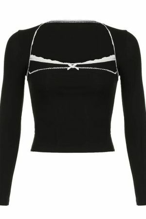 Y2K Women's Streetwear Long Sleeve Square Neck Crop Top with Contrast Stitches and Lace Bow