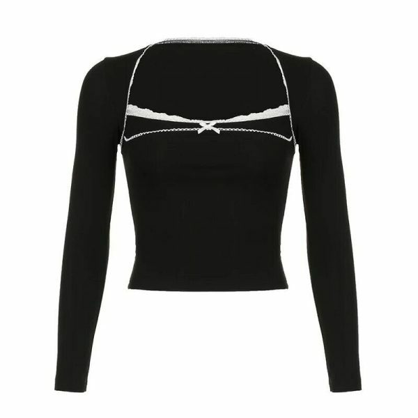 Y2K Women's Streetwear Long Sleeve Square Neck Crop Top with Contrast Stitches and Lace Bow