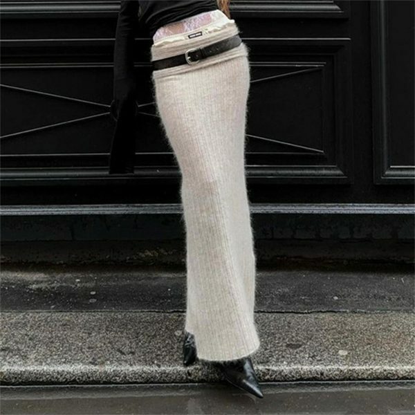 Y2K Wool Blend Long Skirt | Hip-Hugging A-Line Streetwear Fashion